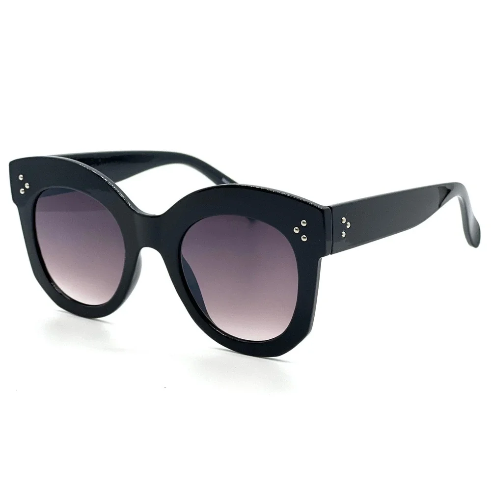 Black Oversized Cat Eye Sunglasses Gradient Smoke Lens‎ Silver Stud Accents NEW